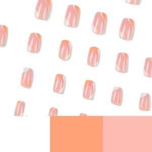 Short square press-on nails with orange and pink marble swirl pattern on white background
