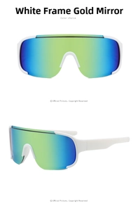 Dettagli di occhiali sportivi per bambini con montatura bianca e lenti a specchio blu-verde