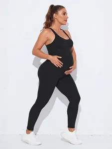 Seamless black maternity bodysuit with racerback design for pregnancy fitness and sports