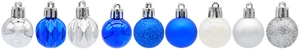 Detail of 9-piece blue and silver Christmas balls with matte and glitter finishes