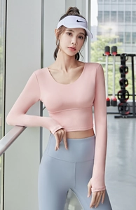 Details zu pinkem Langarm-Yoga-Crop-Top und hellblauen Leggings mit hoher Taille