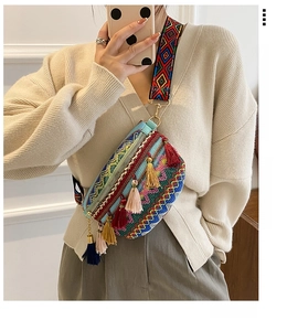 Detail of bohemian woven chest bag featuring colorful tassels and jacquard strap