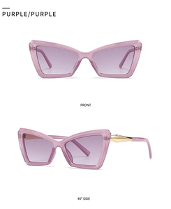 Detailed front and side views of purple cat-eye sunglasses with unique jumping temple design
