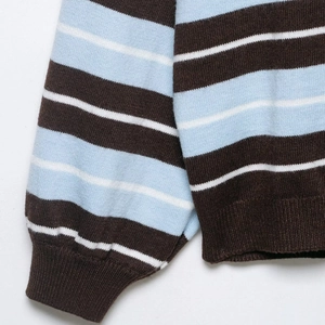 Women's crew neck striped knit sweater with ribbed cuffs in brown and mint blue