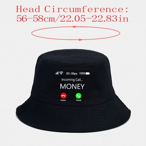 Unisex black bucket hat with creative incoming money call design and 56-58cm brim size