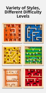 Close-up of 6 different wooden ball maze designs for children focusing on balance and skill