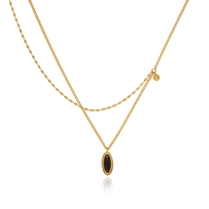Collier double couche vintage en titane plaqué or 18K avec pendentif ovale noir