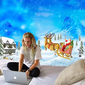 Christmas wall tapestry detail showing Santa Claus and reindeer over a bedroom bed decor