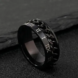 Stainless Steel Rotatable Chain Ring Roman Numerals Spinner Fidget Band For Men Women Industrial Punk Style Jewelry