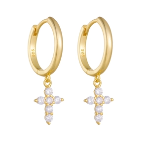 S925 sterling silver gold hoop earrings featuring sparkling diamond cross pendants
