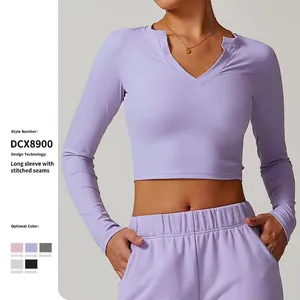 Women's Slim Fit Yoga Top Nude Feel Long Sleeve Activewear Cropped V-Neck Notch Workout Fitness Gym T-Shirt For Women