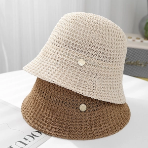 Women's hollow knit bucket hat in beige and caramel with gold JS brand logo