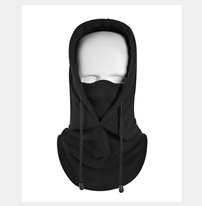 Close-up of black fleece cycling balaclava with adjustable drawstring for winter warmth