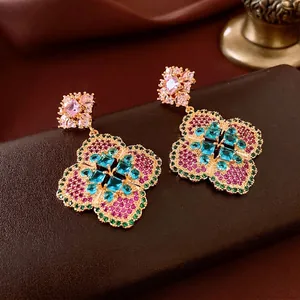 Vintage floral drop earrings with colorful zircon stones in a luxury gold finish