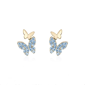 Elegant gold butterfly stud earrings with light blue crystals on a clean white background