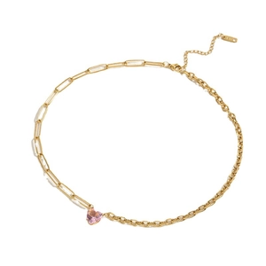 Collier double chaîne dorée en acier inoxydable avec pendentif cœur en zircon rose