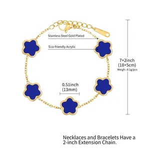 Gold stainless steel five-flower bracelet with blue pendants and adjustable extender chain