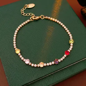 Vintage Gold Plated Copper Bracelet With Colorful Round Cubic Zirconia Rainbow Tennis Chain Jewelry For Women Elegant