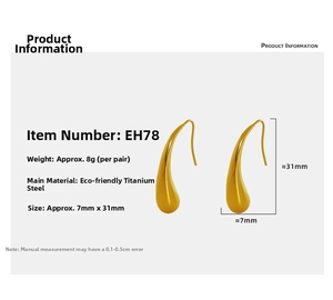 Detailed view of golden teardrop earrings in polished titanium steel with dimensions