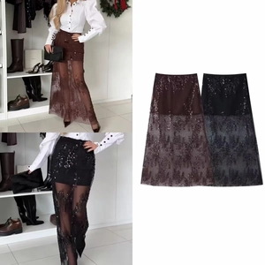 Falda De Lentejuelas De Malla De Cintura Alta Para Mujer Sexy Transparente Bordado Jupes Midi Largas Streetwear Elegante
