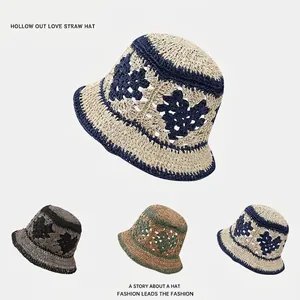 Chapeau Bob En Paille Femmes Motif Cœur Évidé Paille De Papier Pliable Plage Été Protection Solaire Crochet