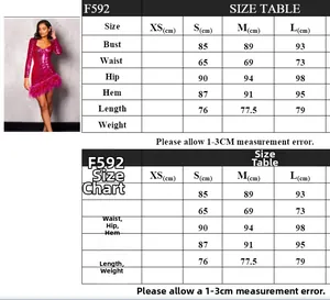 Size chart for sequin ostrich feather dress with bust waist and hip measurements
