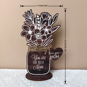 Detail view of wooden Mother's Day flower jar ornament with size markings in CM and inches