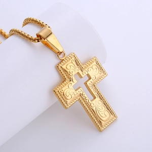Gothic Cross Pendant Necklace 18K Gold Plated 316L Stainless Steel Embossed Scroll Hollow Vintage Jewelry For Men Women