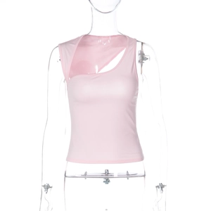 Detail of light pink slim fit top with asymmetric cutout neckline and single shoulder strap