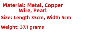 Technical specifications for gold leaf headband: metal, pearl, 35cm x 5cm, weight 37.1g