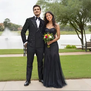 Plus size men's beaded business suit and women's sequin mermaid dress in black