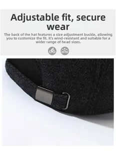 Close-up of the metal adjustable buckle on a warm winter baseball cap for elderly men
