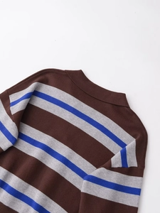 Close-up of striped knit polo shirt neckline and shoulder seam details in dark brown