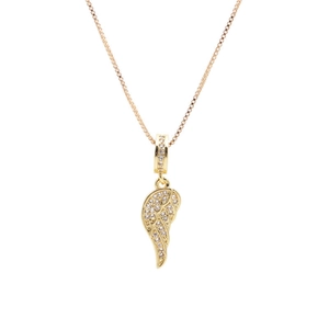 Gold angel wing pendant necklace with pavé cubic zirconia on a classic box chain