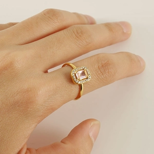 18K gold plated adjustable ring featuring a rectangular pink zircon stone and diamond halo