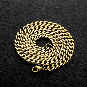 Polished gold 3-5mm stainless steel Cuban link chain necklace with lobster clasp on leather