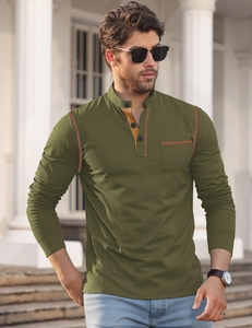 Detail of olive green long sleeve Henley shirt with contrast placket and chest pocket