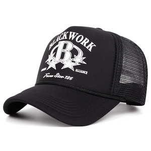 Retro Blackwork foam print trucker hat with black mesh and white graphic design