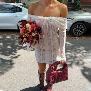 Chic white lace off-shoulder mini dress with long sleeves and pleated slim fit detail