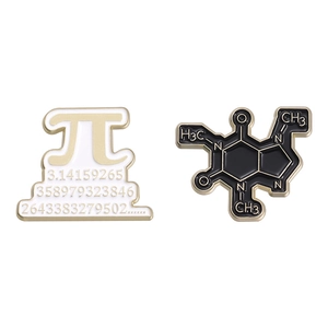 Science enamel pins set featuring golden pi symbol and caffeine chemical molecule structure