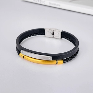 Bracelet double couche en cuir tressé noir pour homme avec tubes en acier doré et argenté