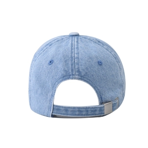 Detail view of the washed denim baseball cap back with adjustable metal slider buckle