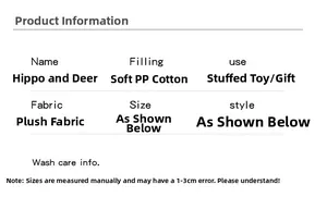 Spezifikationen für Hippo- und Hirsch-Plüschtiere mit Stoff- und PP-Baumwoll-Fülldetails