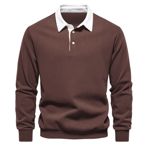 Detailed view of coffee brown Polo sweatshirt with white collar and ribbed cuffs