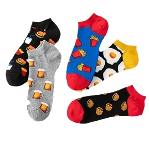 Five pairs of low cut cotton socks with colorful hamburger fries and beer food patterns