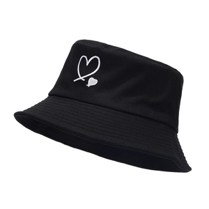 Minimalist black twill cotton bucket hat with white heart embroidery for outdoor sun protection