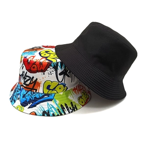 Fashionable graffiti pattern and plain black reversible bucket hat for men and women