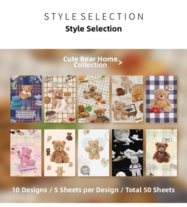 Detail of 50 vintage teddy bear stickers in 10 diverse collage patterns for DIY journaling