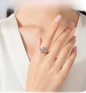 Close-up of S925 sterling silver crown ring with six-prong set cubic zirconia on hand