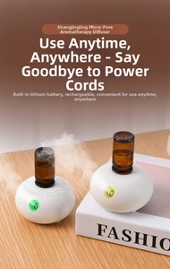 Close-up of portable waterless aroma diffuser with brown oil bottle on wooden desk
